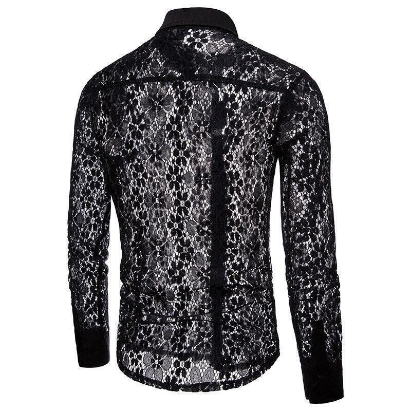 Men's Hollow Out Lace Shirt Nightclub Stage Party Long sleeved Shirts Dress Tops gallery