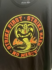 Cobra Kai Strike First/Hard/No Mercy Men’s Bioworld Black T-shirt -karate Kid