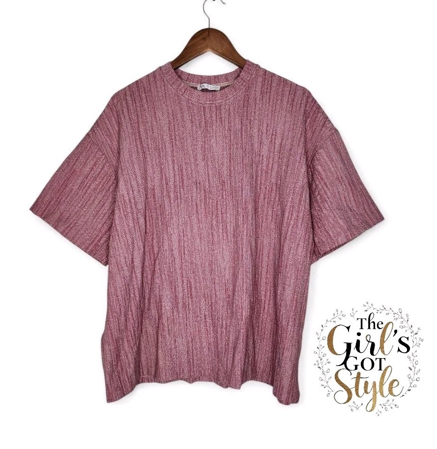 Zara Textured Knit Short Sleeve Crew Neck Shirt in Mauve Size M gallery