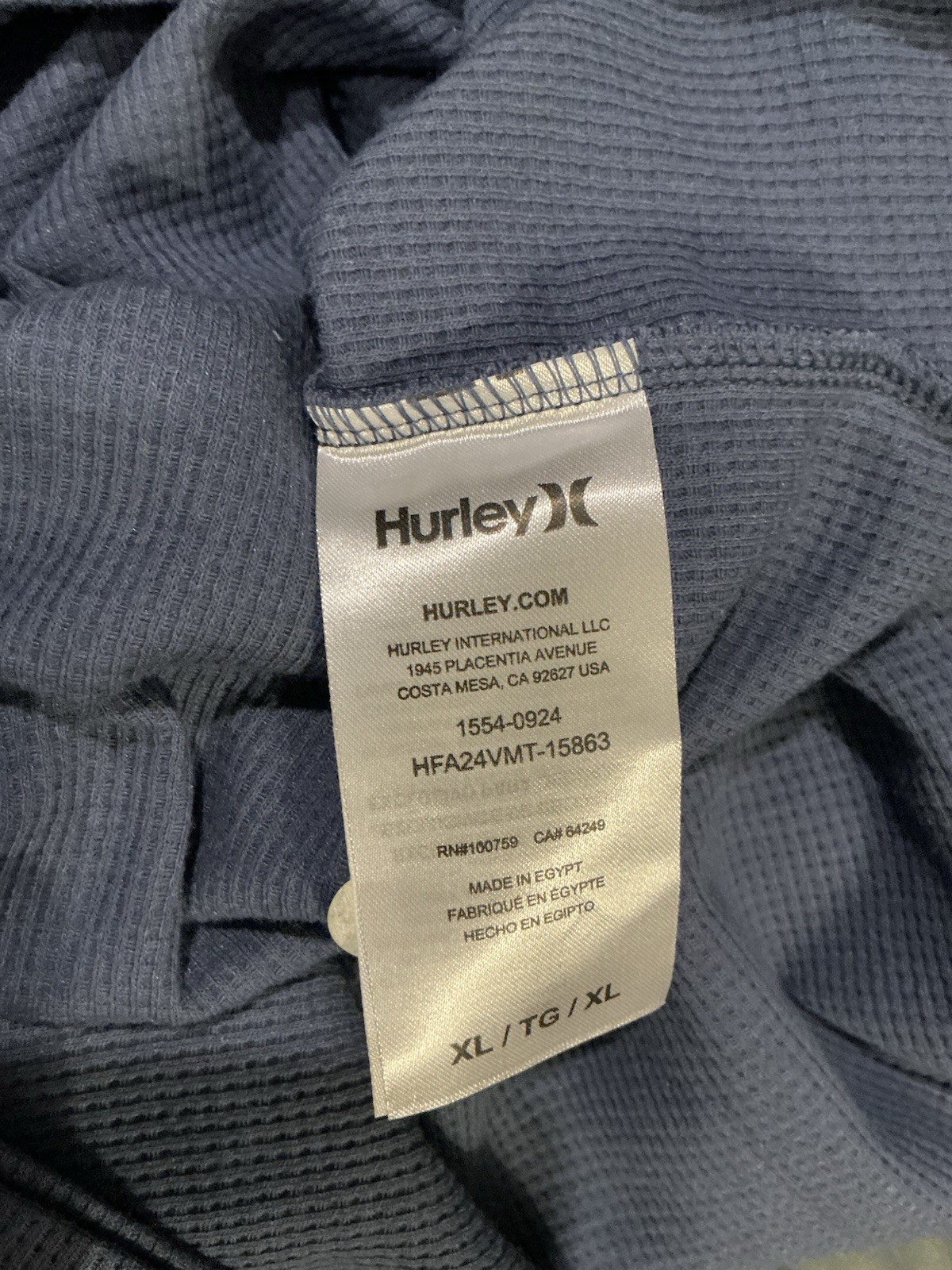 Hurley Men’s XL Blue Waffle Knit Thermal Long Sleeve Shirt gallery