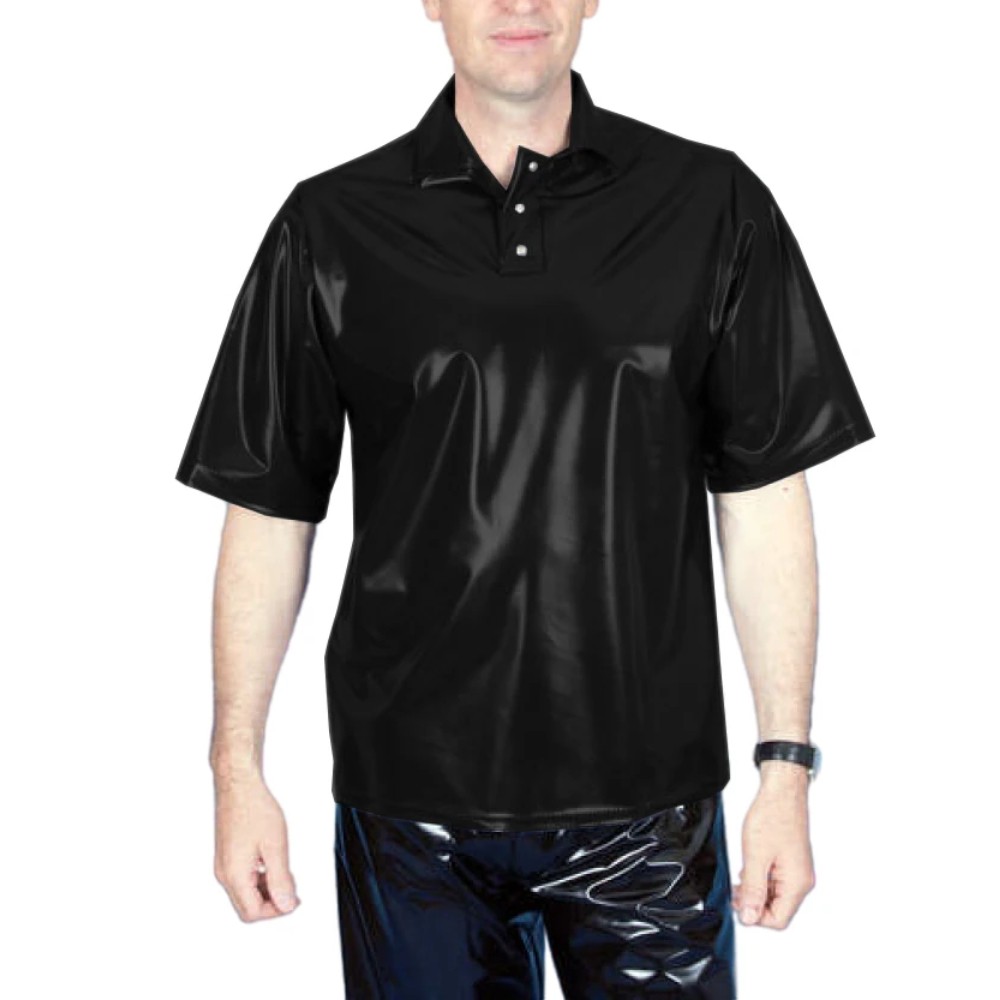 Men's PVC Wet Look T-Shirt Turn Down Neck Button Everyday Wear Casual Loose Top gallery