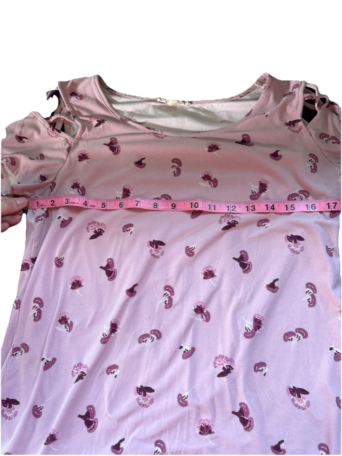 Pink Rose Floral Cold Shoulder Top Size S Lattice Sleeve Pink Mauve Small Boho gallery