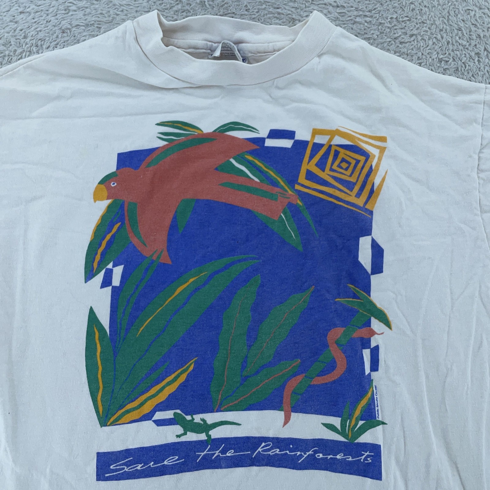 Vintage Save The Rainforests T-Shirt Mens Medium Parrot Nature Activism Art 90s gallery