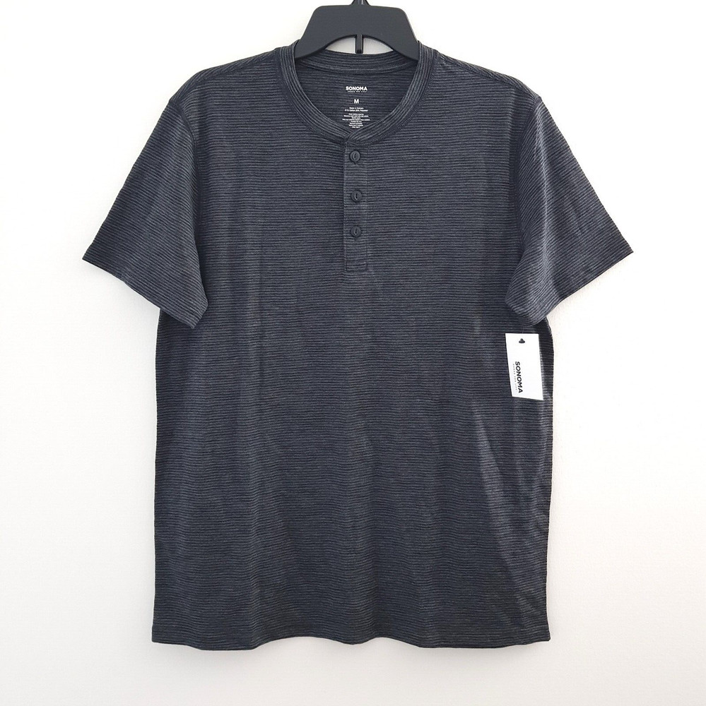 Sonoma Men Size M Black Stretch Tag-Free Button Henley Tee Short Sleeve T-Shirt