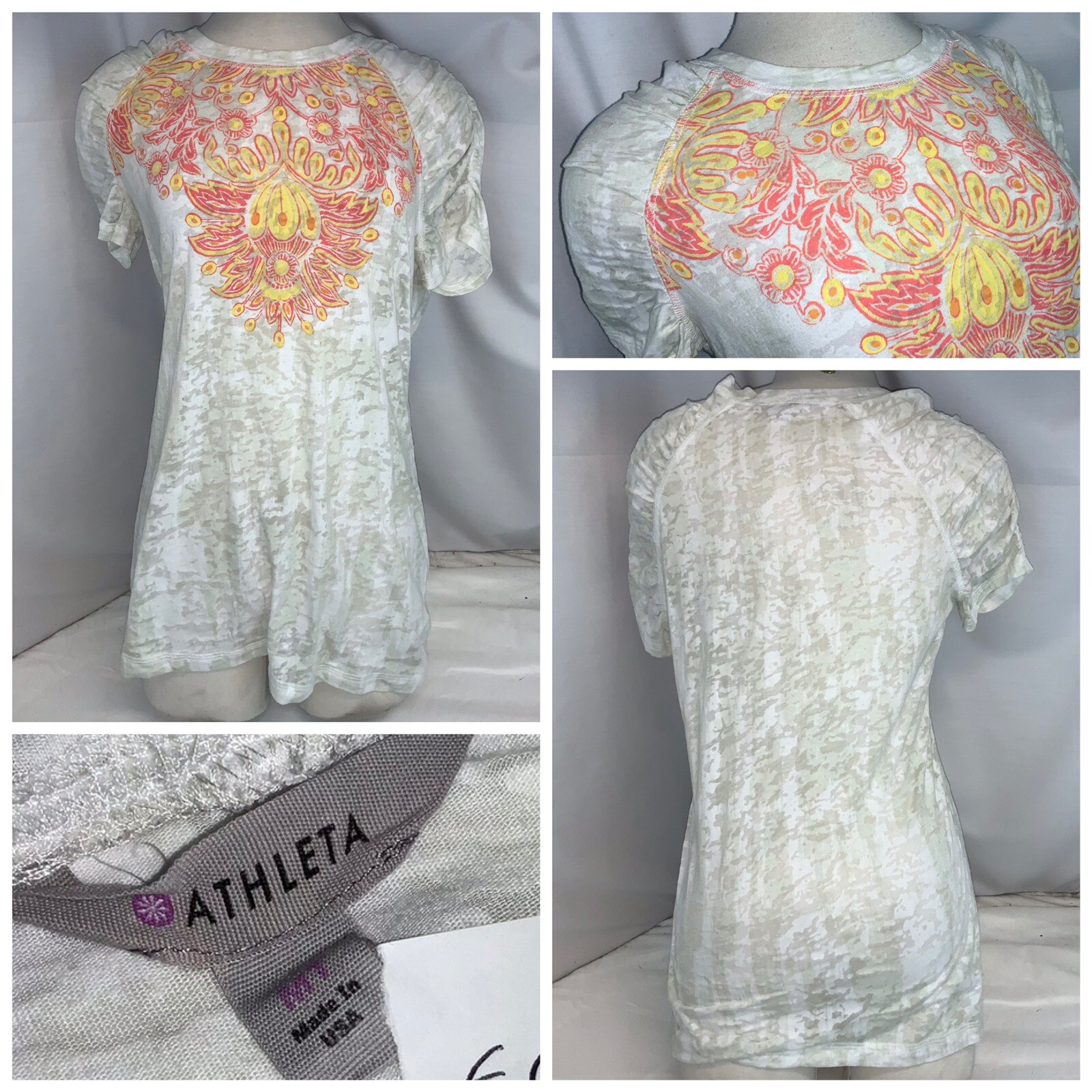 Athleta Fashion Tee Shirt M Tall White Cotton Crew Floral Paisley USA YGI G0-451