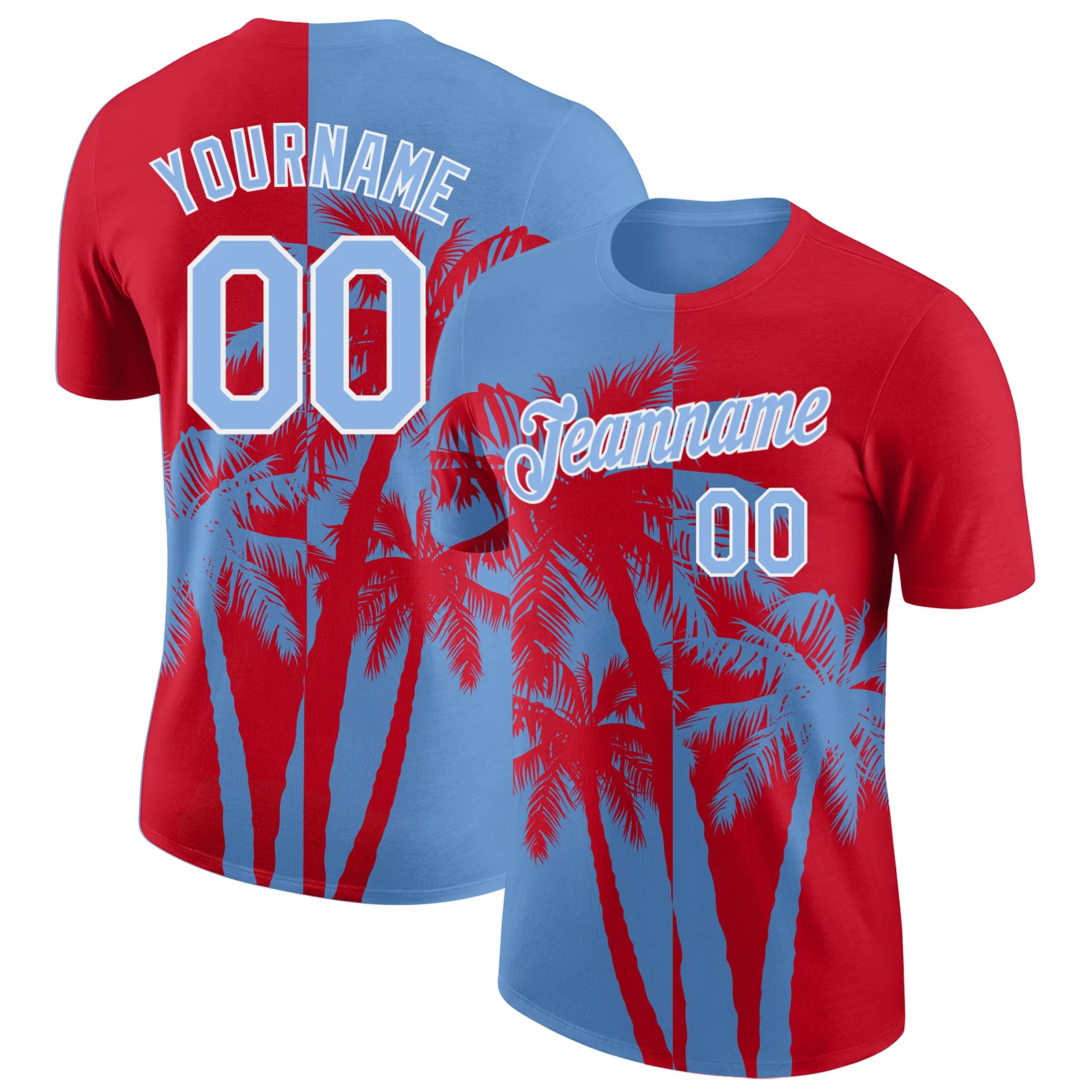 Custom Red Light Blue White Hawaii Palm Tree T-Shirt Tropical Summer Gift Tee gallery