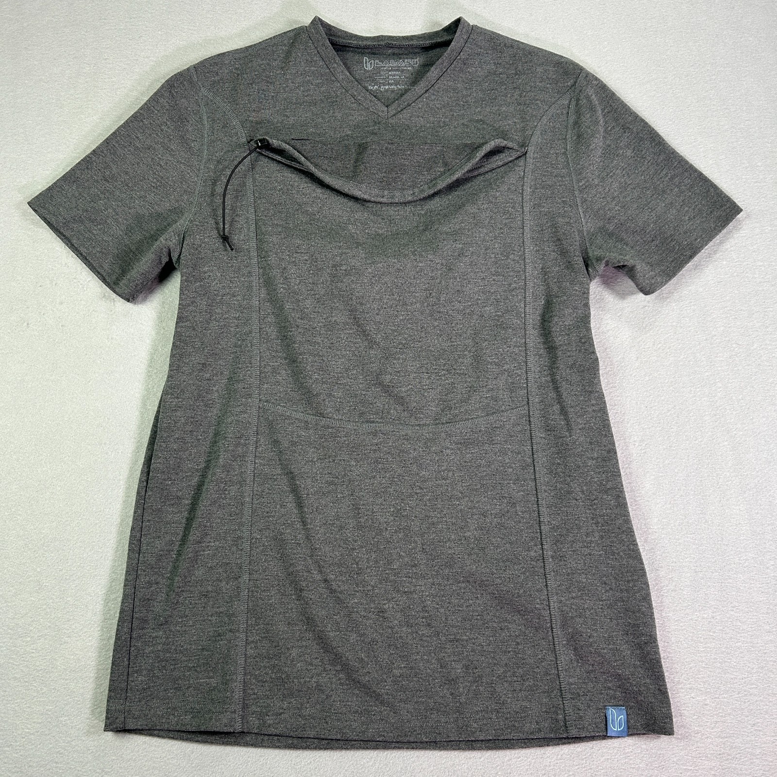 LALABU Dad Shirt Men Medium Grey Kangaroo Pocket Pouch Baby V-neck Made in USA gallery