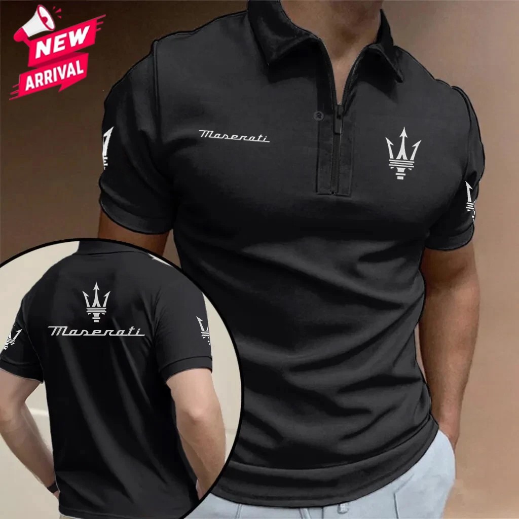 *HOT* Custom Name - Men's Maserati Racing 3D Black & Blue Logo Zip Polo Shirt gallery