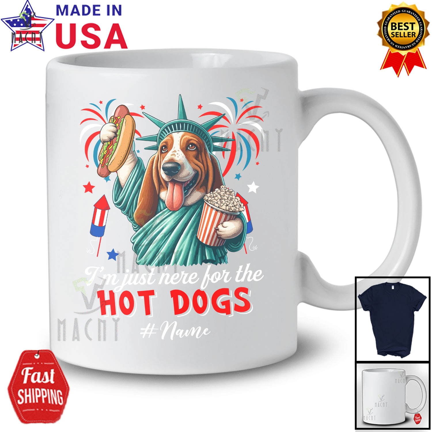 Custom Name Just Here For Hot Dogs; Proud Basset Hound Liberty Patriotic T-Shirt gallery