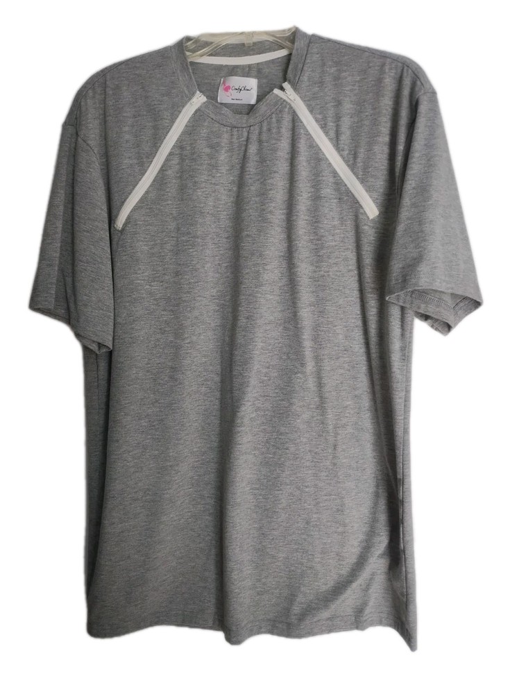Comfy Chemo Men’s M Chemotherapy Port Access Zipper Short Sleeve Shirt Grey