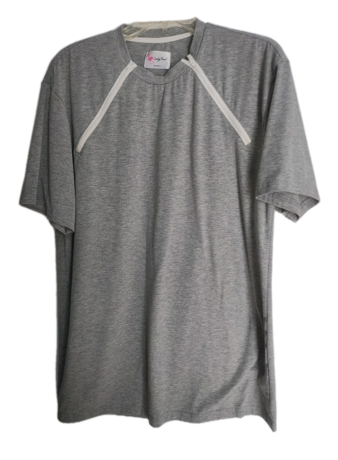 Comfy Chemo Men’s M Chemotherapy Port Access Zipper Short Sleeve Shirt Grey