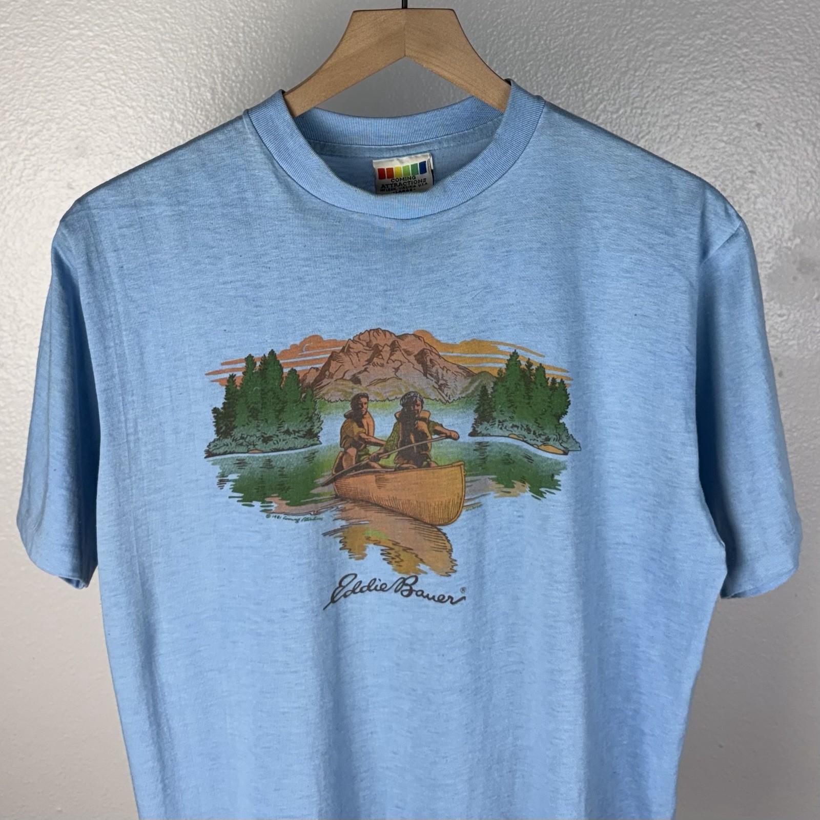 Vintage 70’s Eddie Bauer Coming Attractions ICONIC Logo USA T Shirt Size Large gallery