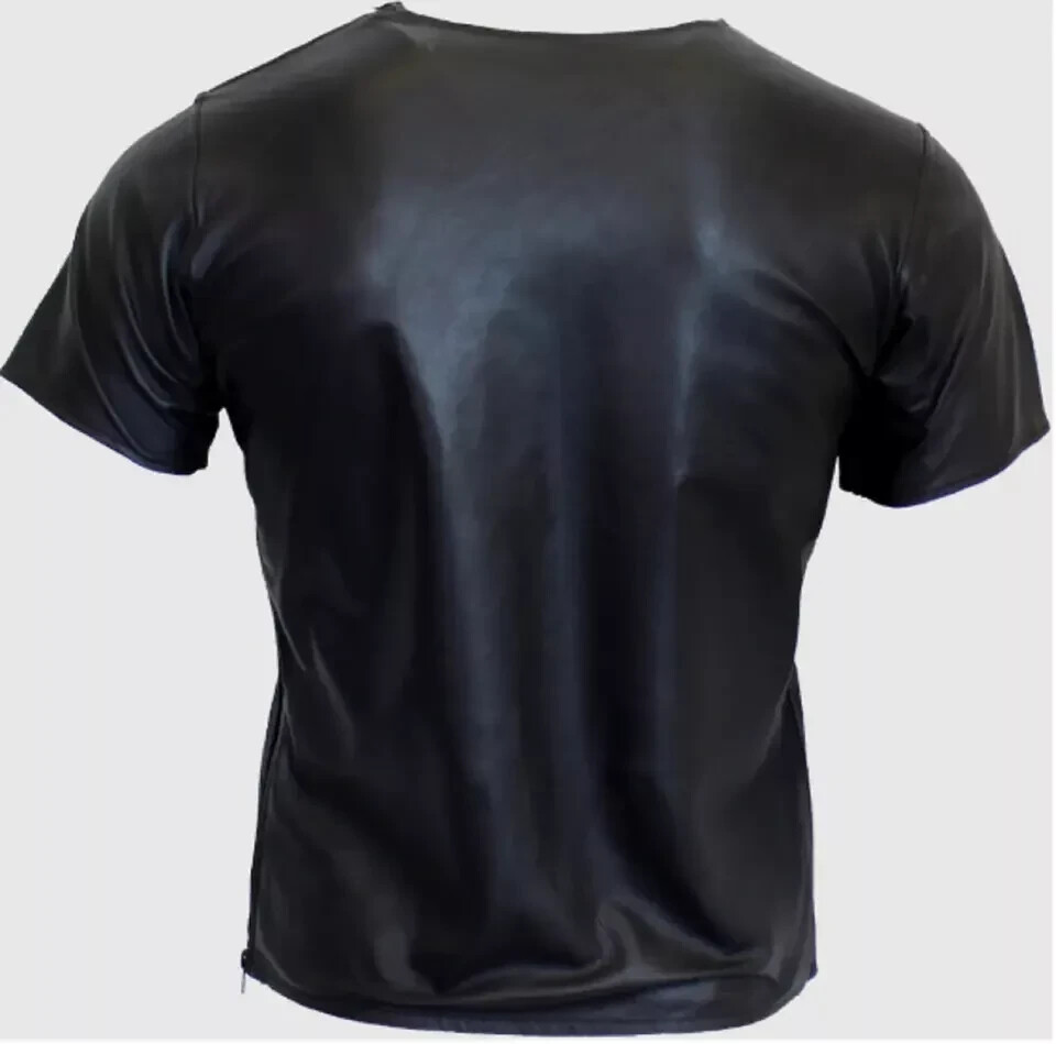 Men T-Shirt Black Stylish Handmade Lambskin Genuine Leather Casual Soft Summer gallery