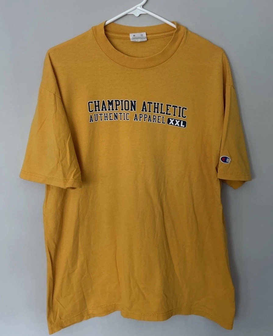 Champion Shirt Yellow Script Logo Authentic Athletic Large Sports Men Casual