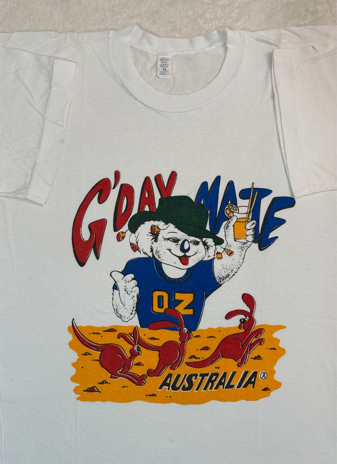 Vintage 1980s 90s G'Day Mate Koala Kangaroo Cartoon Made In Australia T-Shirt, L gallery