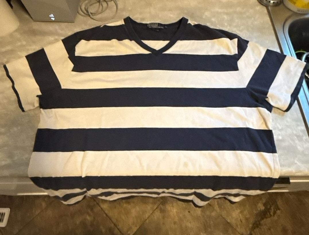 Polo Ralph Lauren Navy Blue & White Striped T-Shirt Size XL Bottom Hem Logo gallery