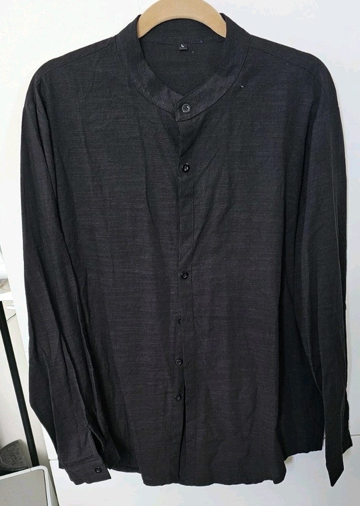 Men’s Black Linen Cotton Blend Long Sleeve Button Shirt Size L Band Collar Light