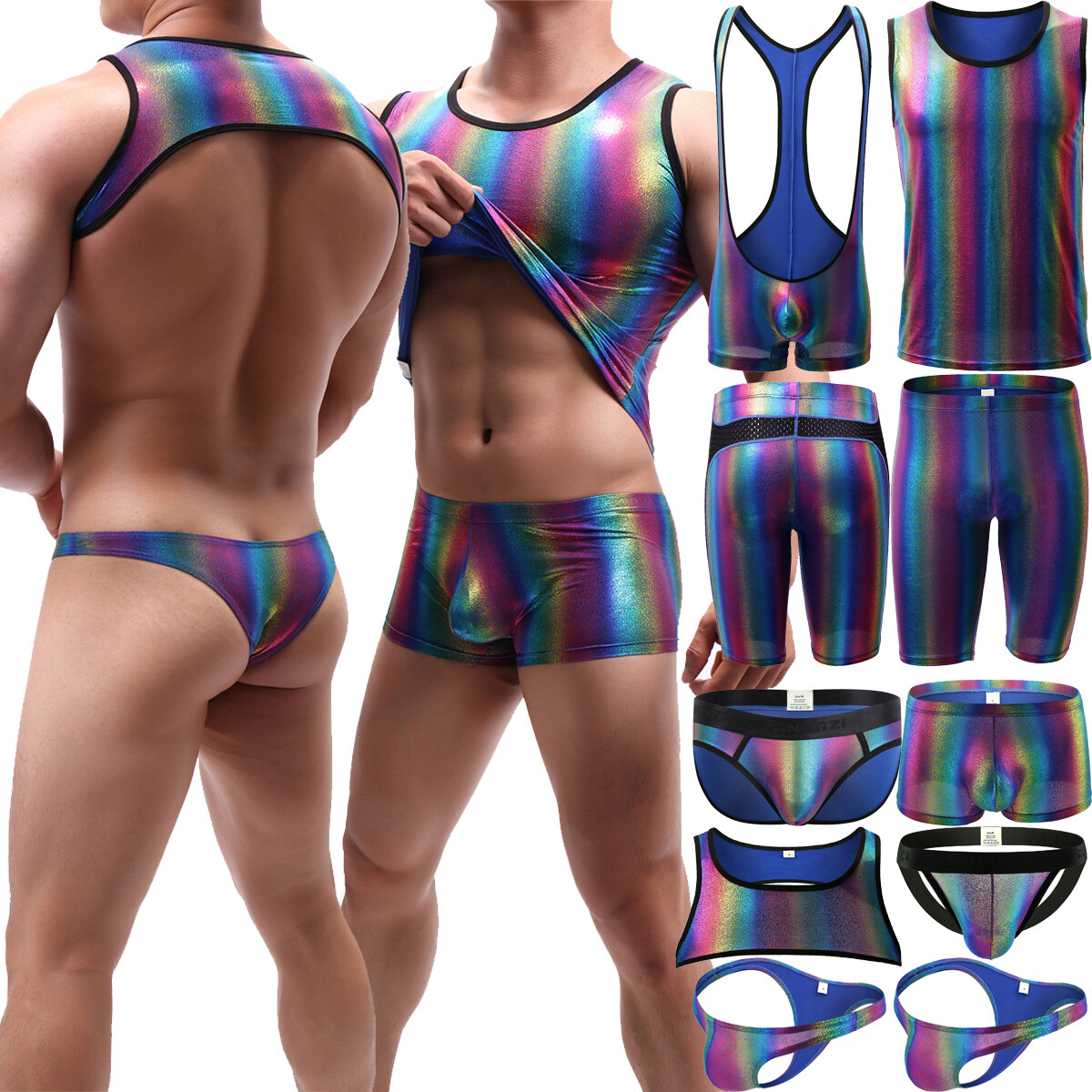 Men's Rainbow Metallic PVC Leather Wetlook Boxer Briefs Clubwear Vest Underwear gallery