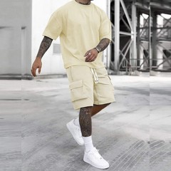 2 Pack Men’s Cargo Pants & T Shirt Set Multi Pocket Casual Athletic Outfit