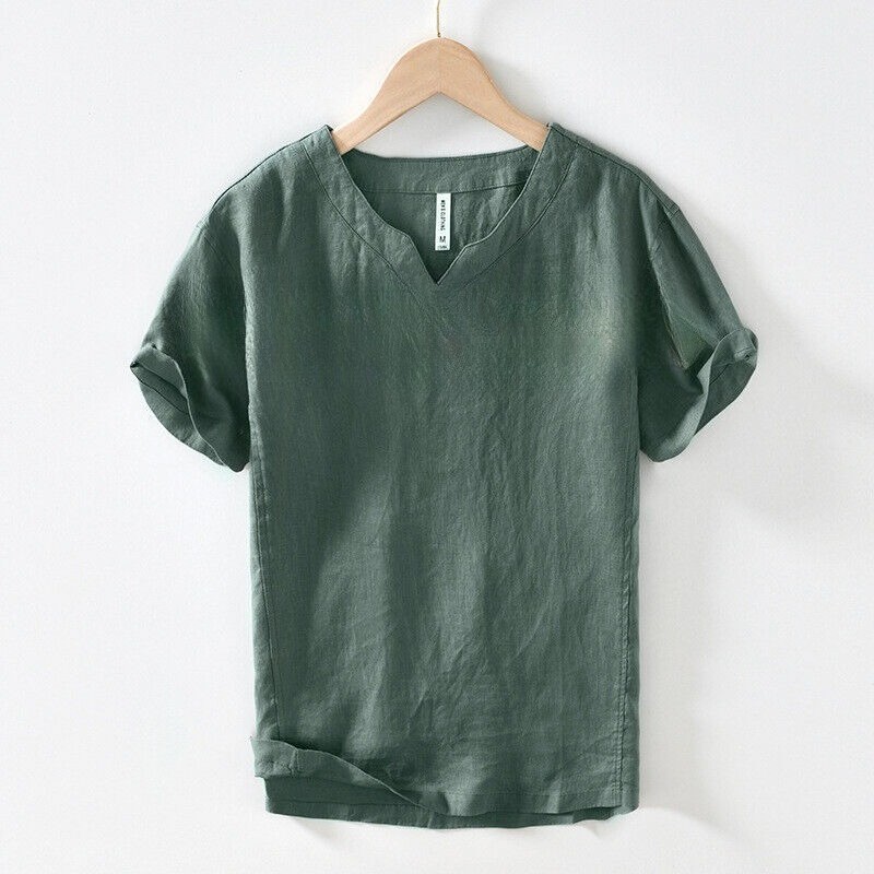 Men 100% Linen V Neck T-shirt Retro Summer Short Sleeves Tops Casual Undershirt gallery