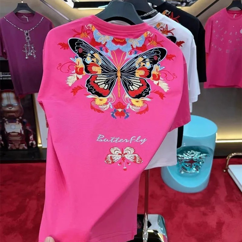 Luxury Butterfly Embroidery Cotton T-Shirt Heavy Texture Loose Fit Casual Tee gallery