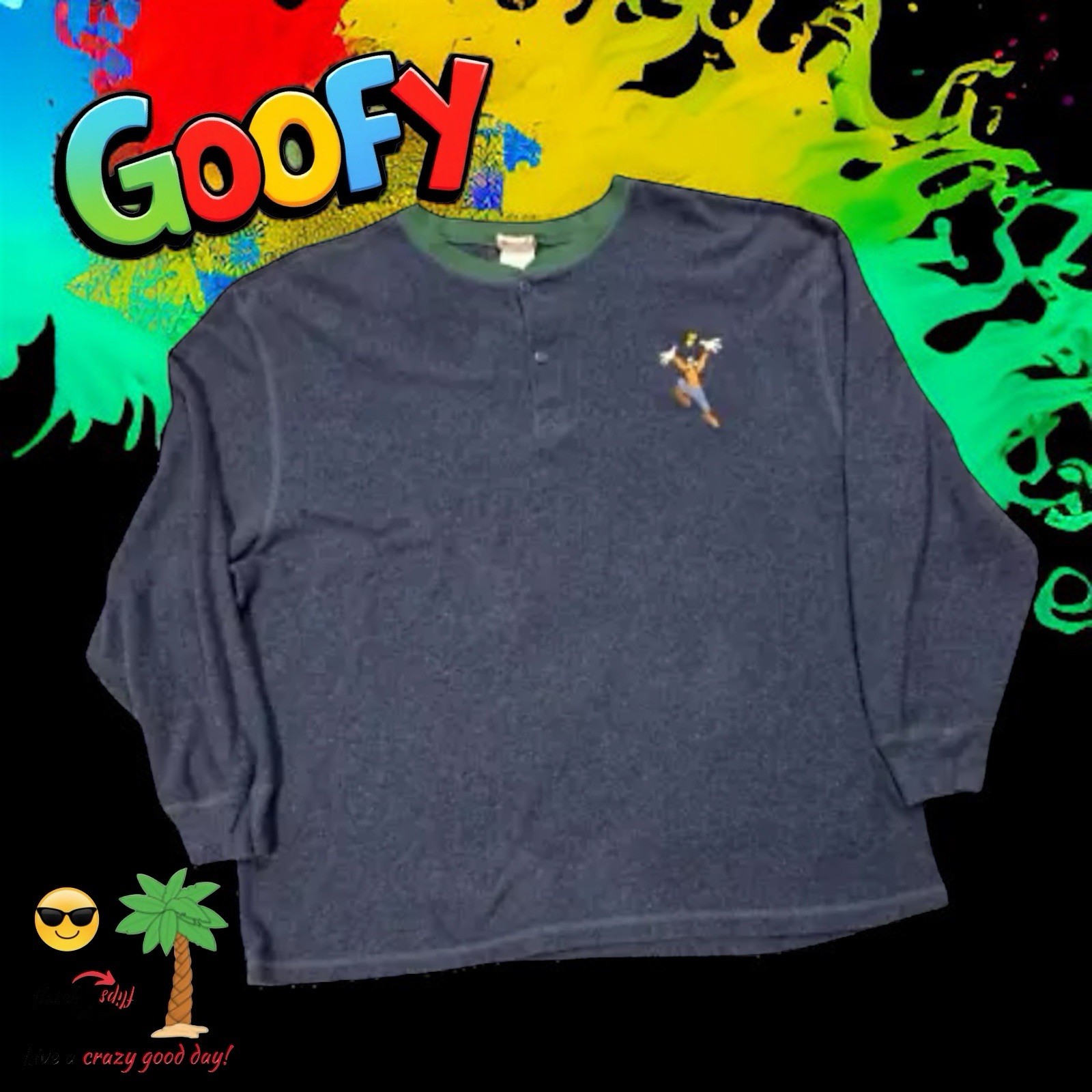 Disney Store Mens Blue Embroidered Goofy Thermal Long Sleeve Henley Shirt SZ XXL gallery