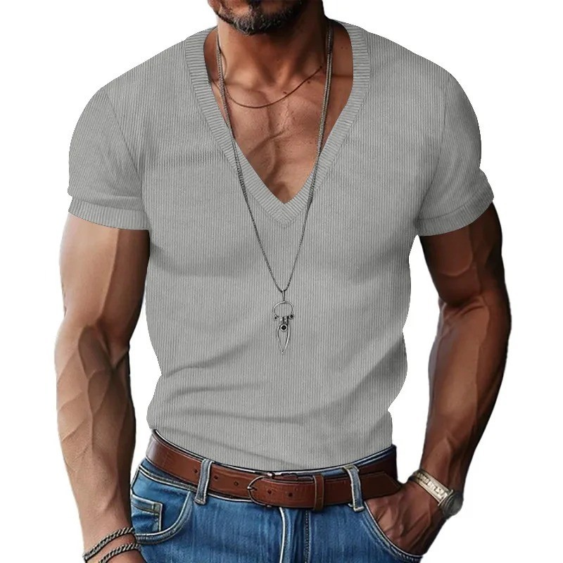 Men Slim Fit Shirts Deep V-Neck short sleeved Casual summer T-Shirt gallery