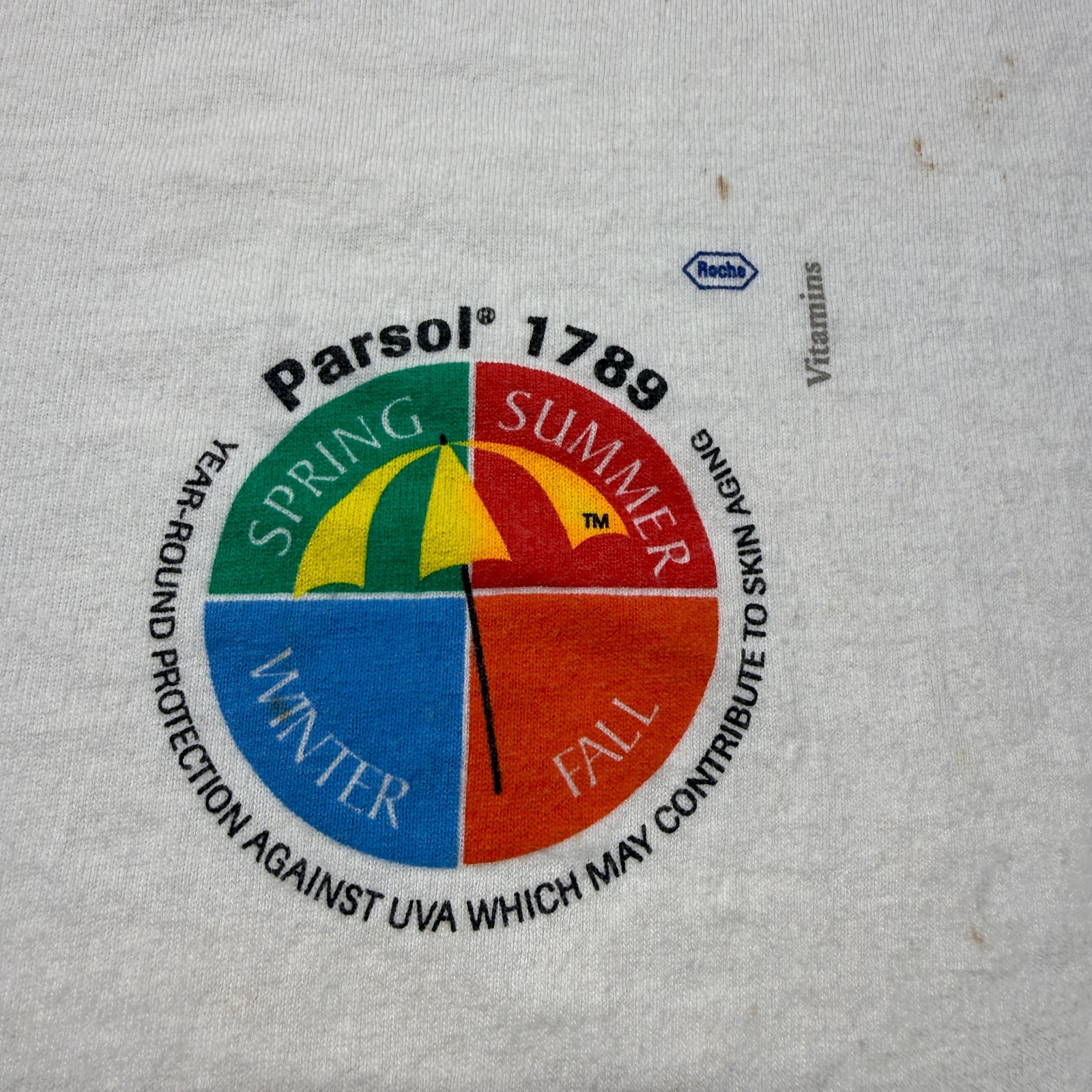 Vintage 90s Parsol 1789 Roche Vitamins Sunscreen Skincare Graphic Promo Shirt XL gallery
