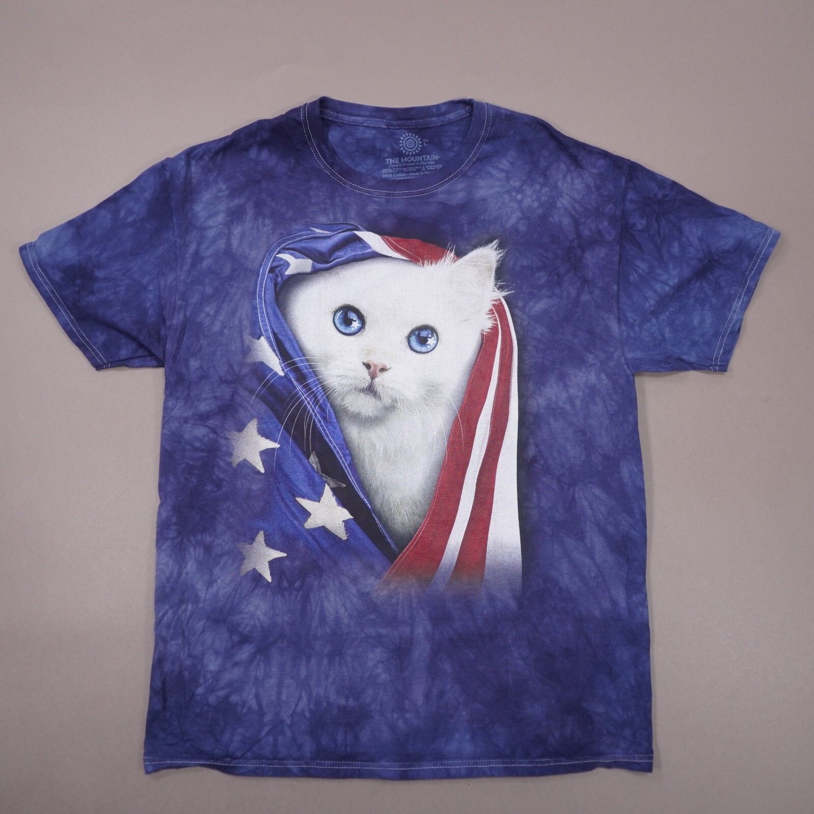 The Mountain USA Kitten Patriotic Graphic Mens Large Blue Tie Dye T Shirt NWOT gallery