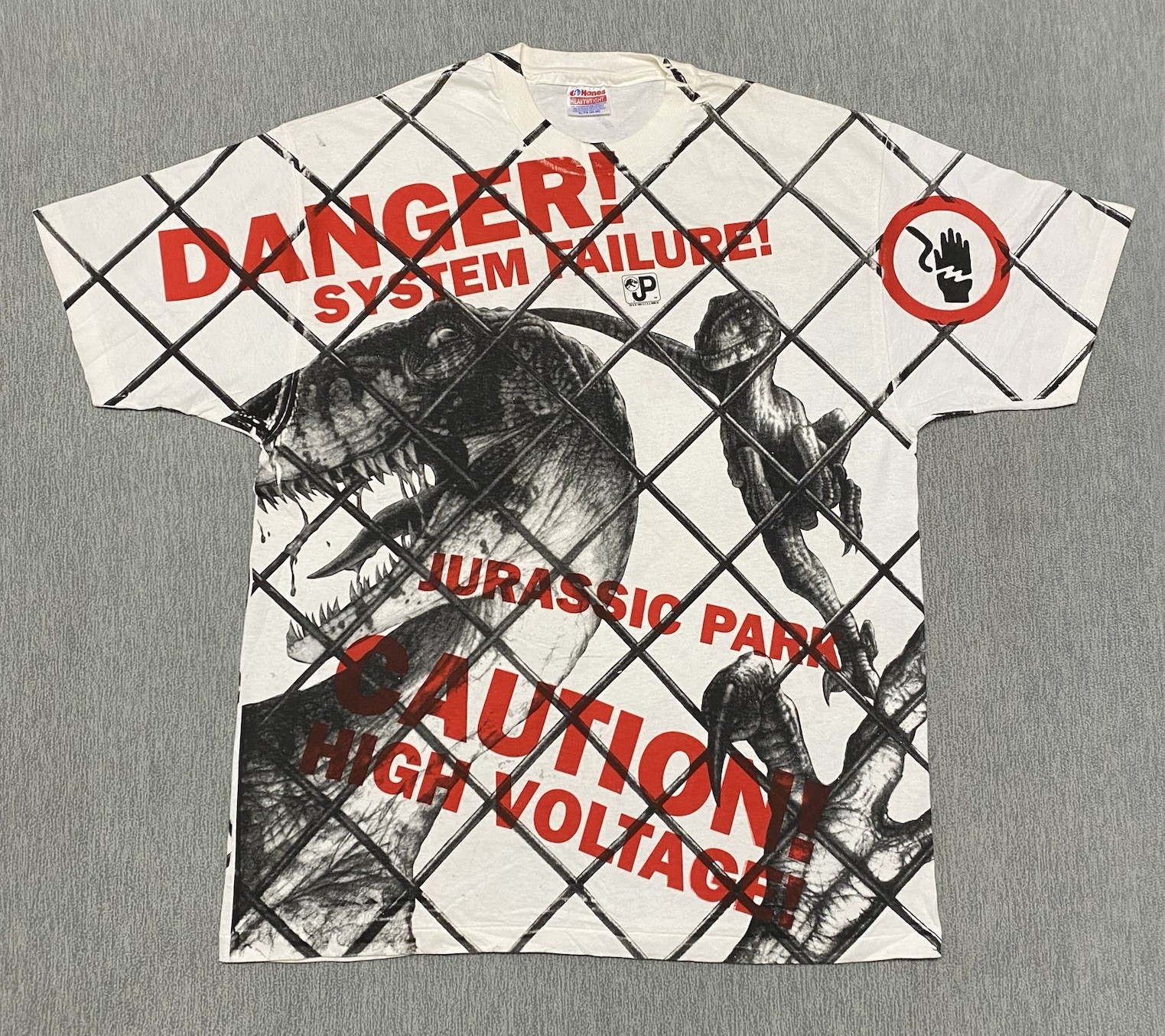 Vintage Jurassic Park Shirt XL Velociraptor AOP Cage Danger 1993 Movie Promo 90s
