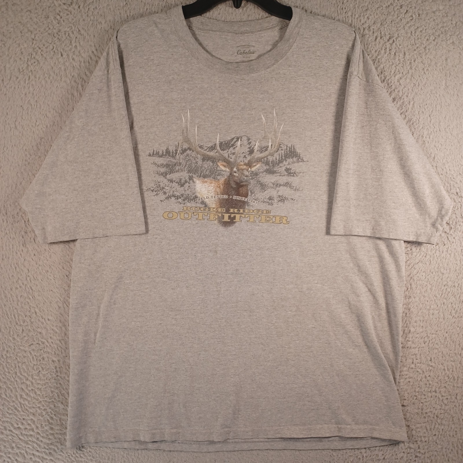 Cabelas Mens Gray T-Shirt Size XL Hunting Camping Outdoor Elk Deer Mountains