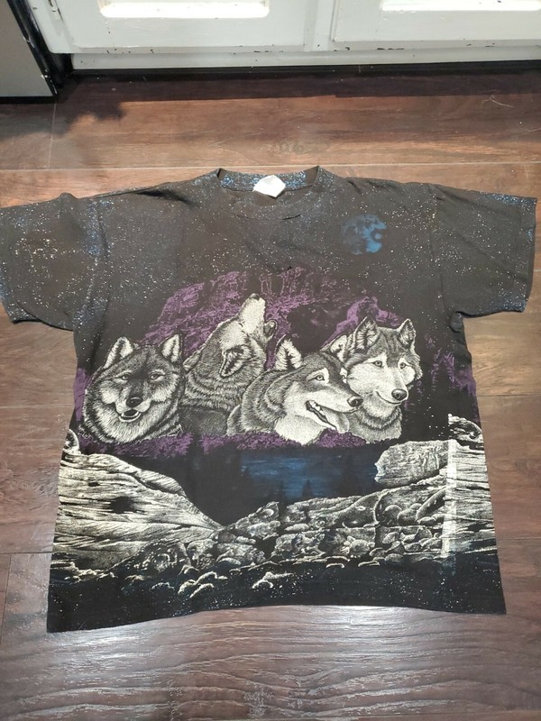 Vtg Nature Wildlife Wolves Pack Caribbean Dream All Over Print T-Shirt Large EUC