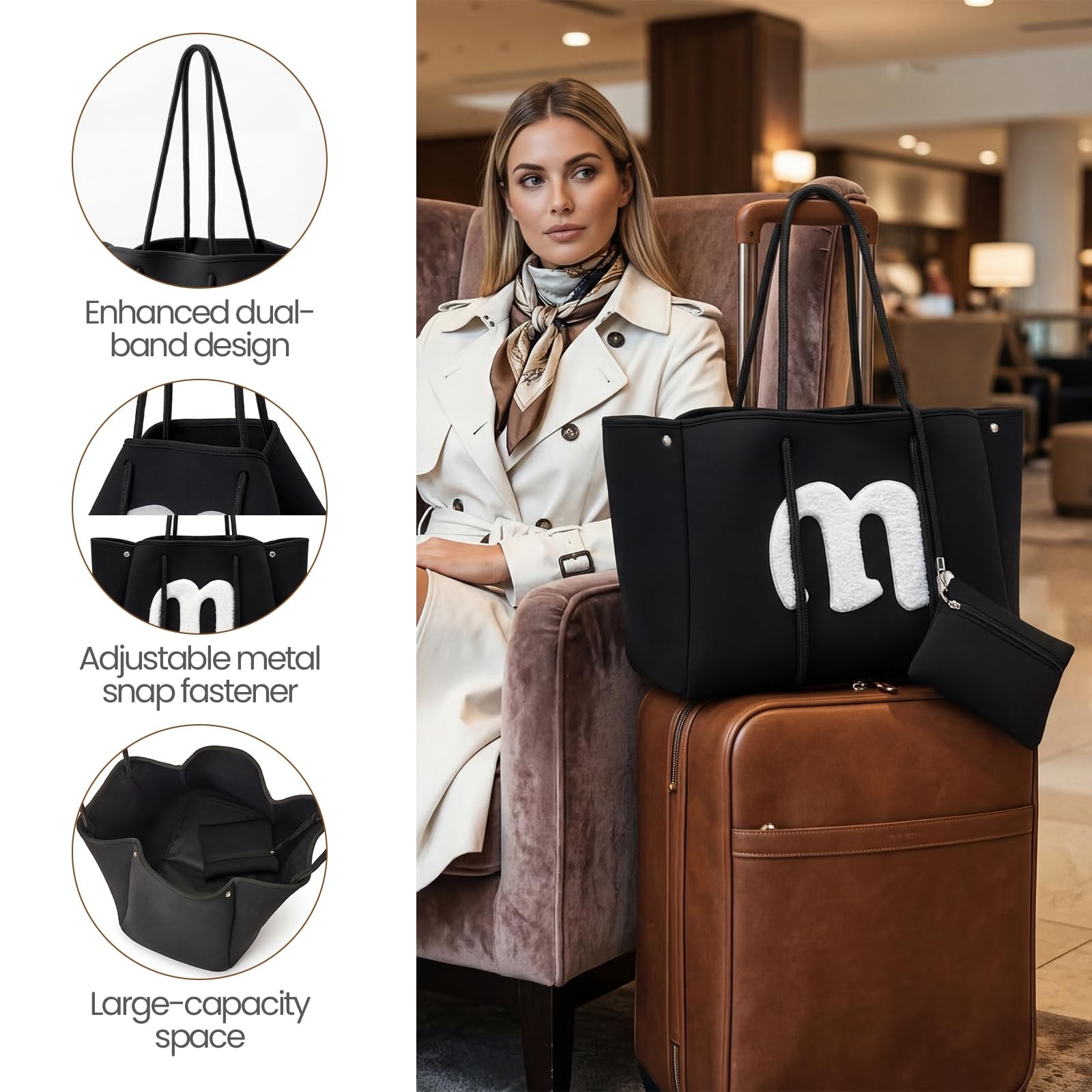 Women Neoprene Tote Bag with Pouch, Waterproof Large Capacity Shoulder Bag fo... gallery