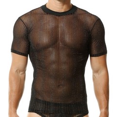 Men Daily Undershirts T-shirts Mesh Sheer Casual Tops Glitter Short Sleeve Tees