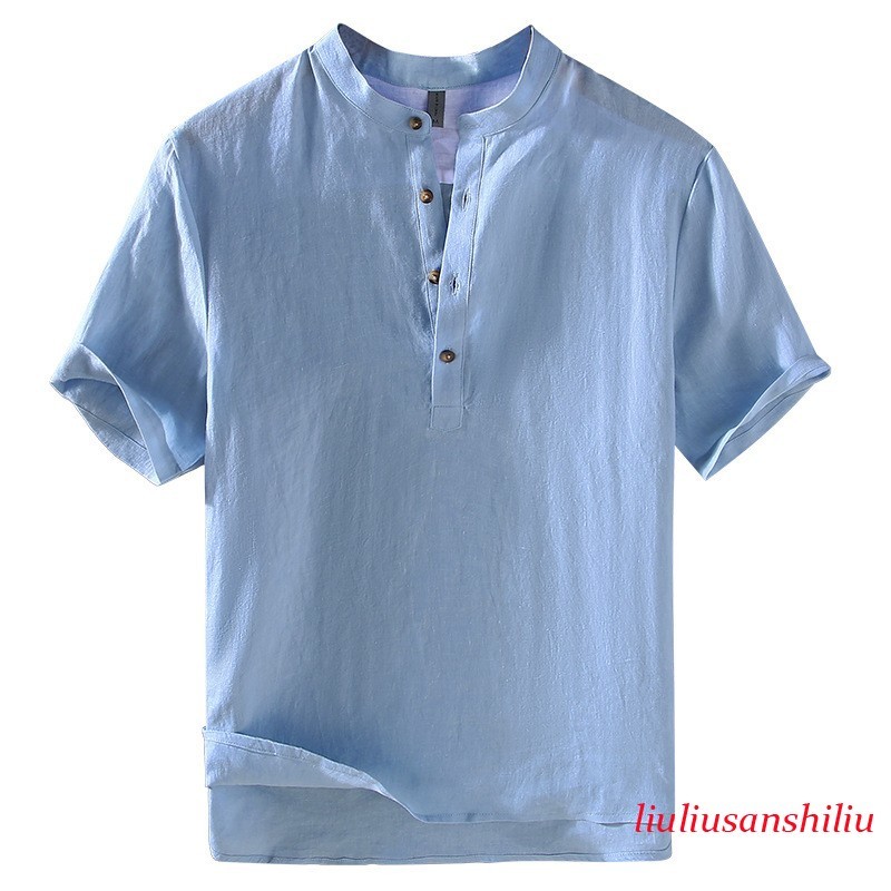 Retro Style Short Sleeve Pullover Mens Stand Collar 100% Linen Shirt Half Button gallery