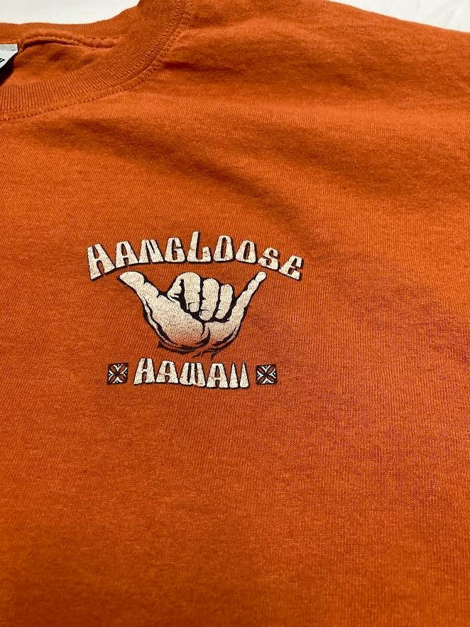 Hang Loose Hawaii T-Shirt Size Large Burnt Orange Shirt with Grapics gallery