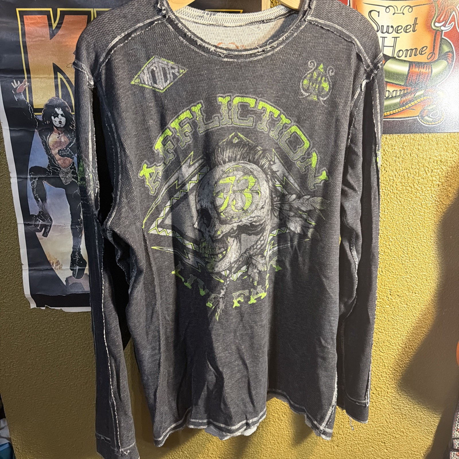 Affliction Shirt Mens XL Thermal Gray Y2K Skull Cross Wings Grunge Reversible gallery