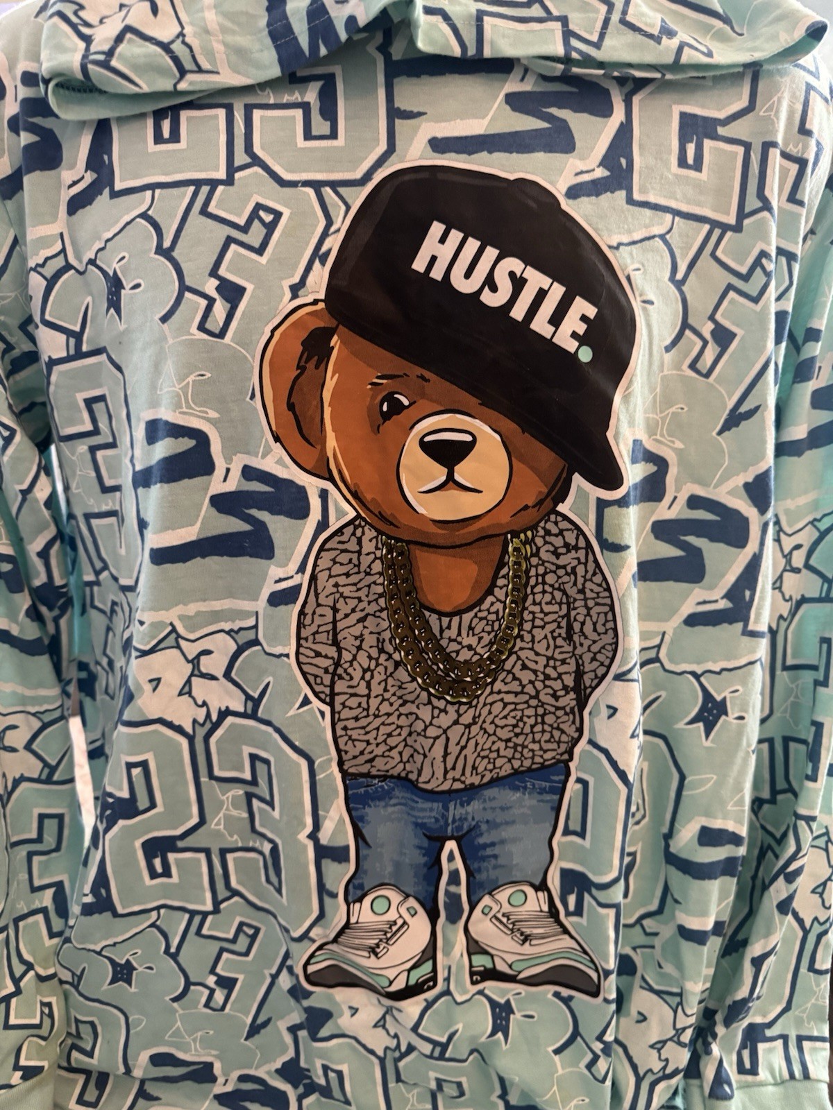 OG Legend 23 Men’s L Turquoise Long Sleeve Hooded Teddy Bear Drip Graphic Tee gallery