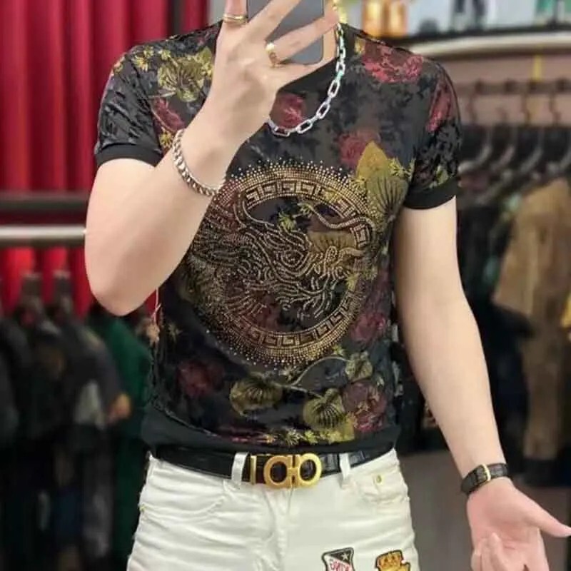 New Men Luxury Diamond Dragon Rhinestones Fashion T-Shirt High Quality 2 Colors gallery