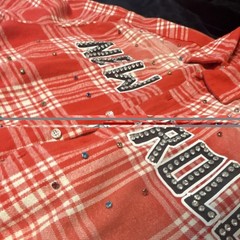 KLEEP Red White Plaid Studded Button-Up Shirt Collared Short Sleeve Mens L