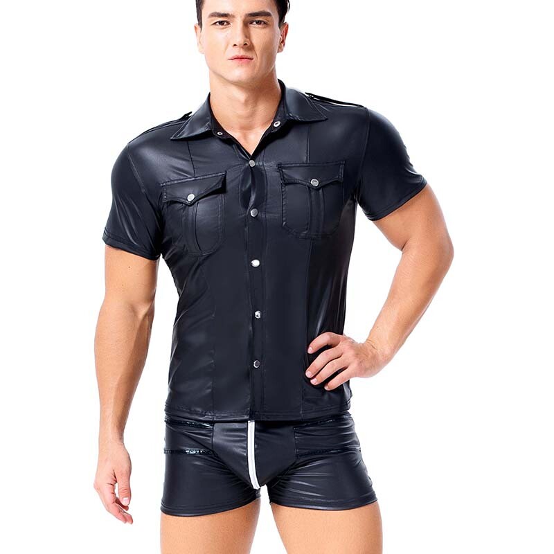 Mens Faux Leather PVC Short Sleeve T Shirt Top Nightclub Cool Men Shirts Uniform gallery