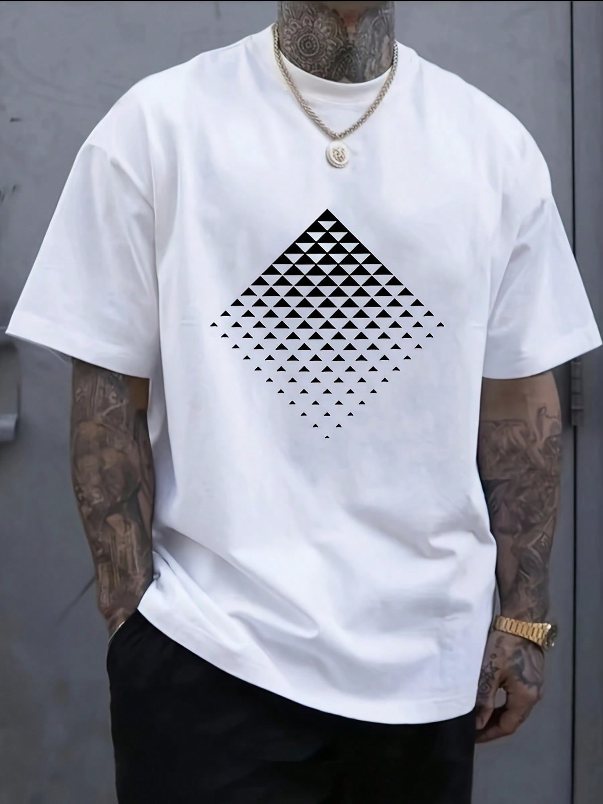Men's Modern Geometric Triangle Pattern T-Shirt - White & Black Casual Tee gallery