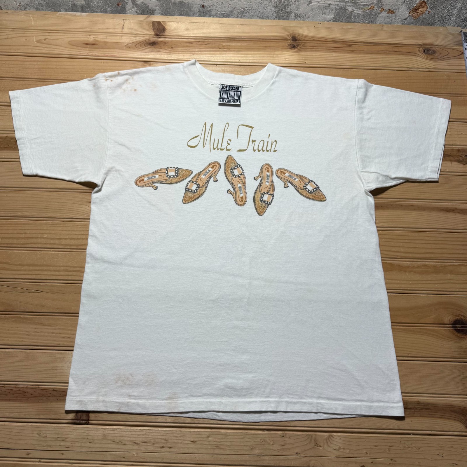 Vintage 90s Joe Boxer Girlfriend Mule Train Shoes Single Stitch Graphic Shirt XL gallery
