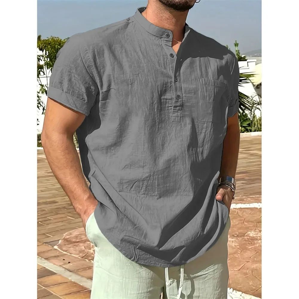 Men's Cotton Linen Henley Shirt Short Sleeve Casual Summer Pocket Tee gallery
