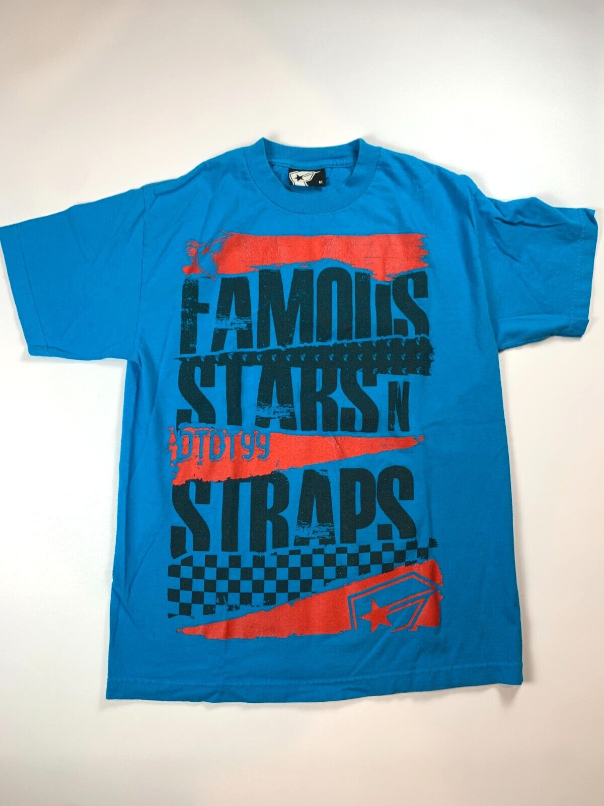 Vintage Famous Stars & Straps Graphic T Shirt Mens Medium Blue Y2K