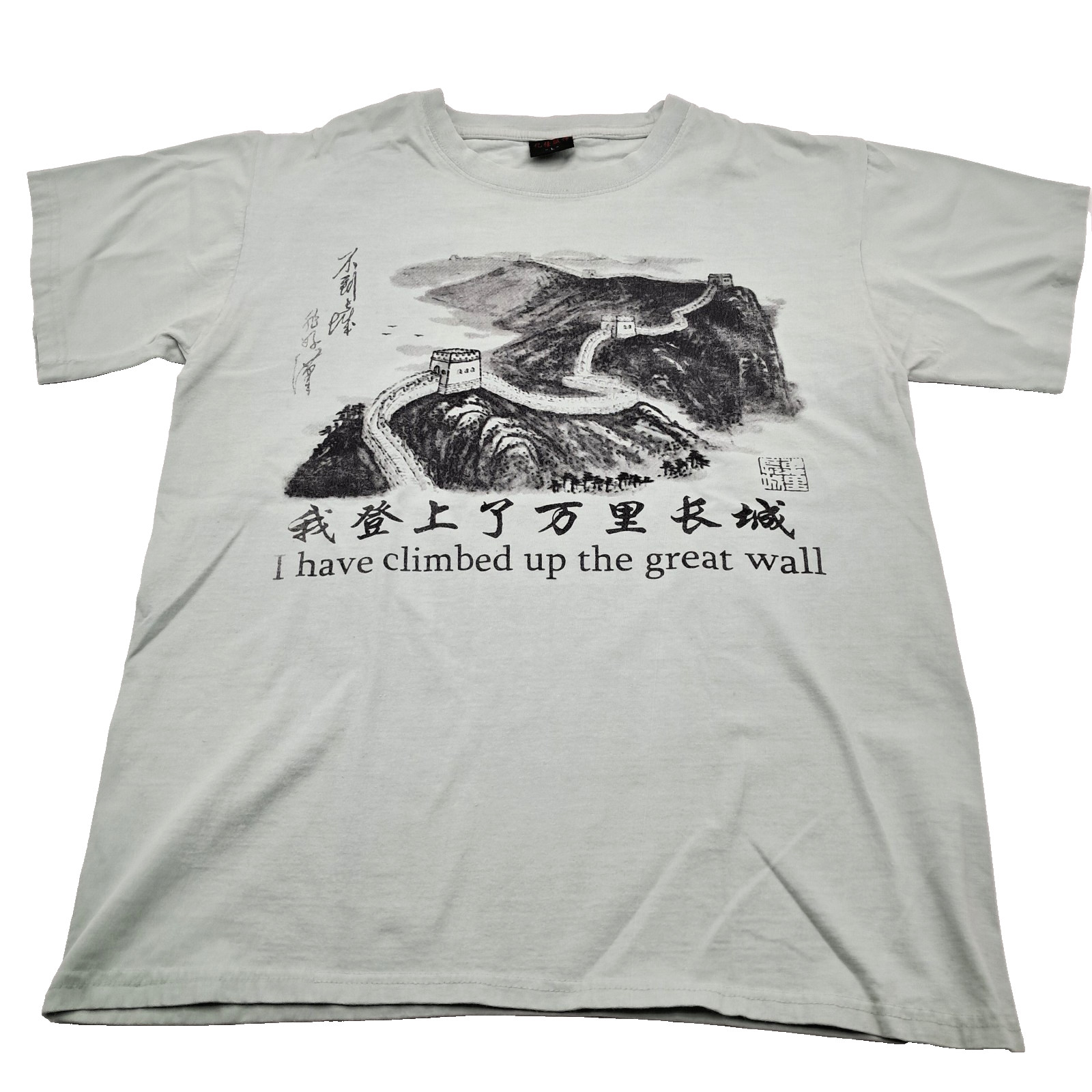 VTG I Have Climbed Up the Great Wall Graphic China T-Shirt Size L Sage Green gallery