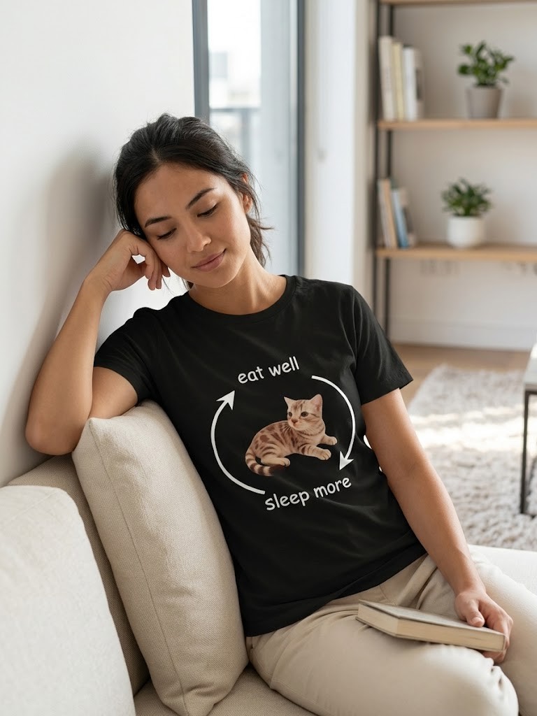 Spring And Summer Casual Print T-Shirt, Black Dot Cat Expression Pattern Print