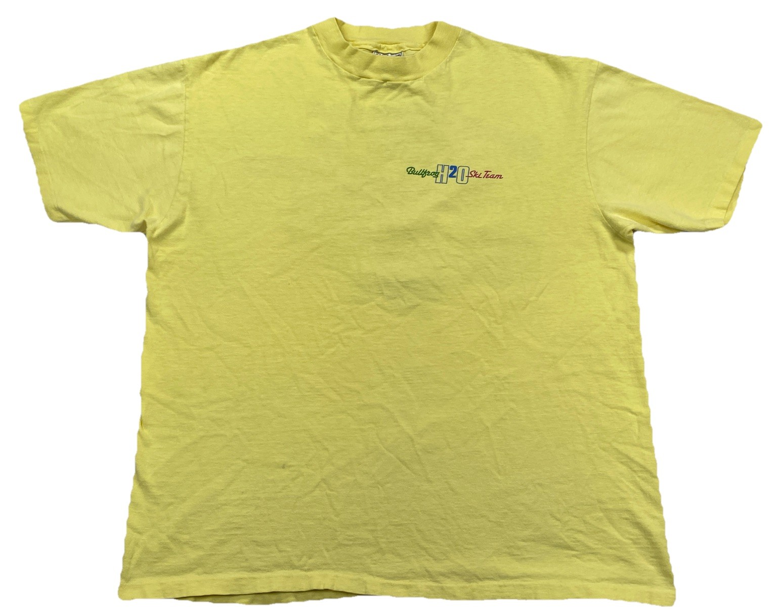 Vintage Bullfrog H20 Ski Team T-Shirt Yellow Singe Stitcher Size XL (Stains)