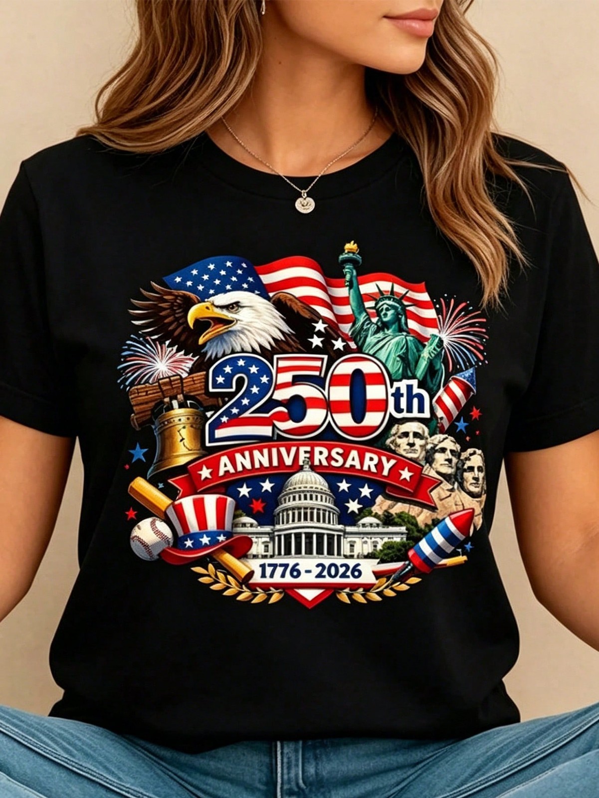 Women's Crew Neck Summer Tee USA 250th Anniversary Patriotic Print Top gallery