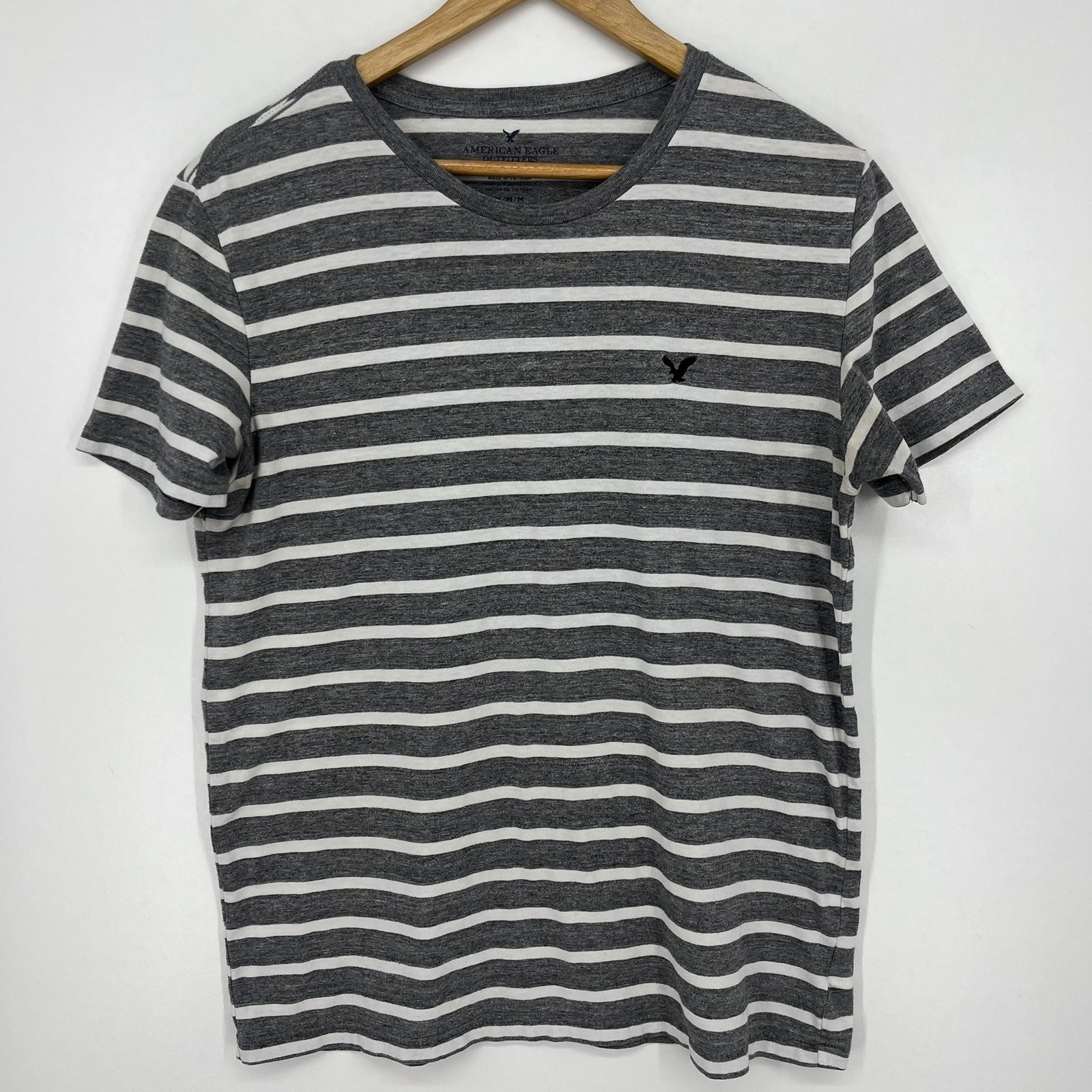 American Eagle Mens Striped T-Shirt Grey White Eagle Logo Short Sleeve Size M